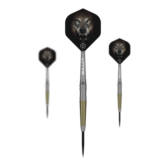 Bullet Fang steel darts Das Bild präsentiert ein Set der Bullet Fang Steeldarts. Mehrere Darts sind als Set zusammen abgebildet.
