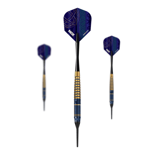 Hier sind die Harrows Nox Premium Brass Softdarts abgebildet. Diese Pfeile sind für Softdart geeignet und bieten gute Qualität.