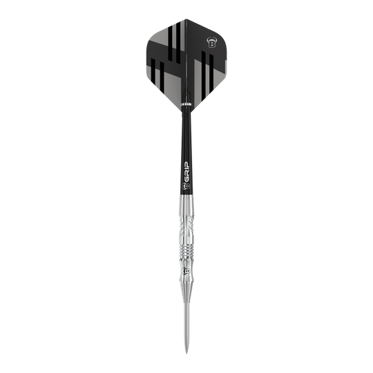 Bulls Tac T1 Steeldarts Das Bild zeigt einen Bulls Tac T1 Steeldart. Der Dart hat ein silbernes Barrel und ein schwarz-graues Flight-Design.
