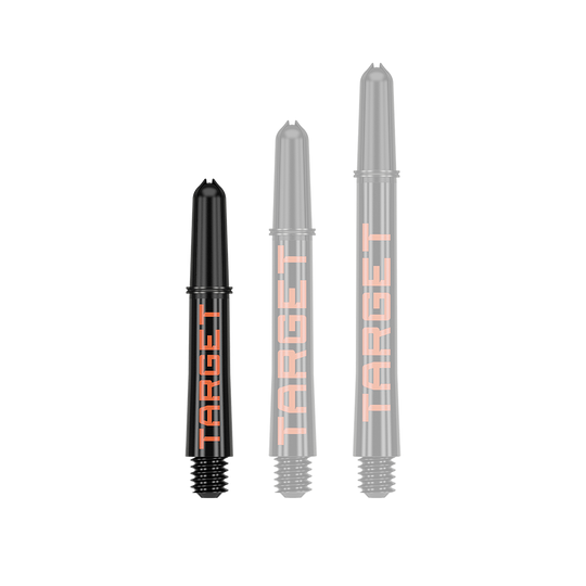 Target Pro Grip TAG Shafts - 3 Sets - Black Orange Auf dem Bild sind drei schwarze Dartschäfte in unterschiedlichen Längen zu sehen. Auf jedem Schaft steht in orangefarbener Schrift das Wort "TARGET".