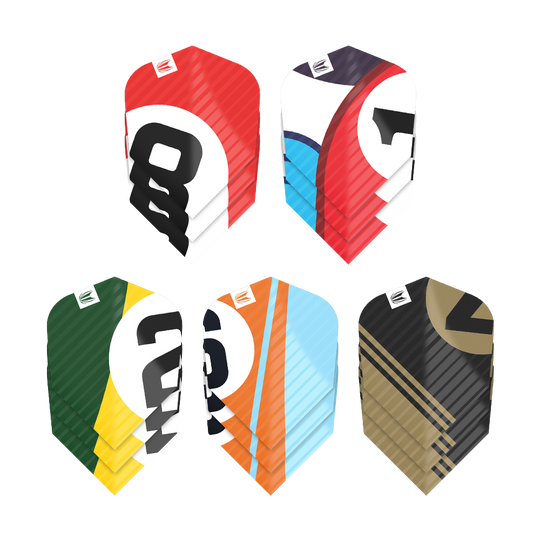 Das Bild zeigt fünf verschiedenfarbige Dart-Flights aus dem "Target Pro Ultra Chicane Multipack Ten-X Flights - 5 Sets". Jeder Flight hat ein einzigartiges Design mit auffälligen Farben und Zahlen.