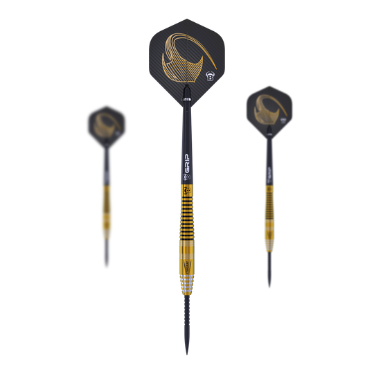 Bulls Stingray ST3 Steeldarts Das Bild zeigt drei Steeldarts des Modells "Bulls Stingray ST3". Die Darts haben ein schwarzes und goldenes Design mit geriffeltem Griffbereich.