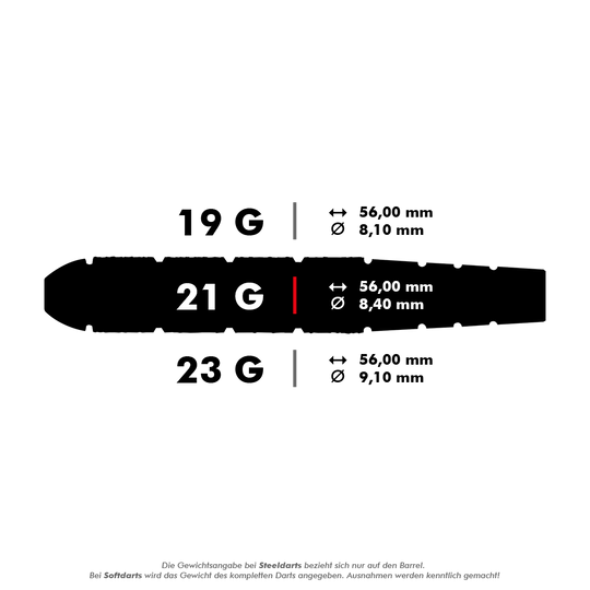 Das Bild zeigt die Harrows Voodoo Brass Steeldarts in drei verschiedenen Gewichten: 19 g, 21 g und 23 g. Für alle Gewichte beträgt die Länge 56,00 mm, während der Durchmesser je nach Gewicht zwischen 8,10 mm und 9,10 mm variiert.