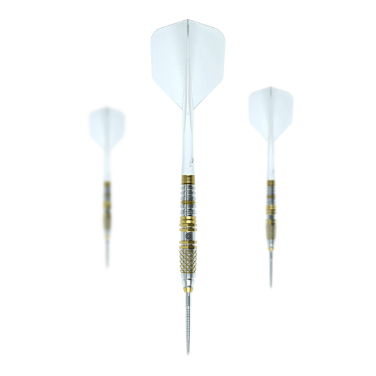 Caliburn Players Darts Lee Soon An Gold Spear Steeldarts mit 23 Gramm. Das Bild zeigt ein Set von Steeldarts mit goldenem Design.