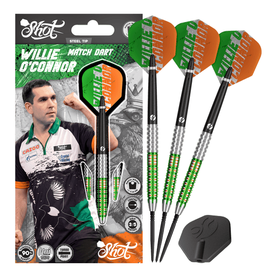 Shot Pro Series Willie O'Connor Turbo Point Steeldarts werden vollständig gezeigt. Die Darts besitzen spezielle Gravuren.