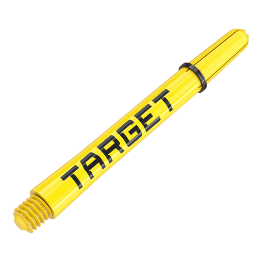 Target Pro Grip TAG Shafts - 3 Sets - Yellow Das Bild zeigt einen gelben Dart-Schaft mit der Aufschrift "TARGET". Er hat ein Gewinde an einem Ende und einen schwarzen Ring in der Mitte.