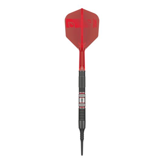Target Gabriel Clemens 95K soft darts - 19g Das Bild zeigt einen Softdartpfeil des Modells „Target Gabriel Clemens 95K Softdarts - 19g“. Der Pfeil hat eine rote Flight, einen schwarzen Griffbereich und eine schwarze Spitze.