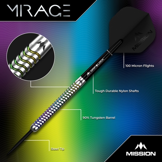 Mission Mirage Steel Darts Mission Mirage Steeldarts sind für das Dartspiel entwickelt. Diese Aufnahme stellt das Modell in Nahaufnahme dar.