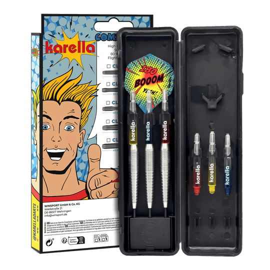 Karella Comic Line CL-5 steel darts - 21g Abgebildet sind die Karella Comic Line CL-5 Steeldarts - 21g. Diese Steeldarts zeichnen sich durch ein Comic-Design aus.