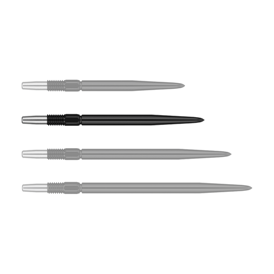 Target Swiss Point Black dart tips Das Bild zeigt vier schwarze Dartspitzen, die nebeneinander liegen. Sie haben einen silbernen metallischen Ansatz und sind unterschiedlich lang.