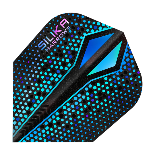 Das Bild zeigt ein Dart-Flight mit dem Namen "Harrows Silika Colourshift Tough Crystalline Coating Blue-X No6". Das Flight hat ein modernes Design mit blauen und schwarzen hexagonalen Mustern und einer glänzenden Oberfläche.