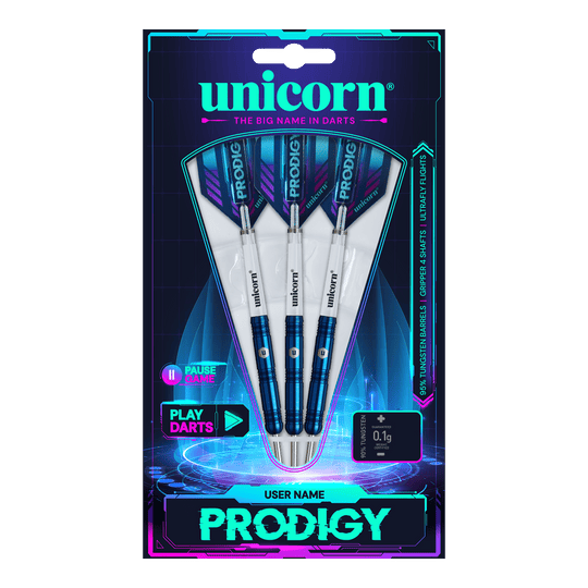 Unicorn Prodigy 01 Parallel Steeldarts Das Bild zeigt die Verpackung der "Unicorn Prodigy 01 Parallel Steeldarts". Drei blaue Steeldarts sind in einer modernen, futuristisch gestalteten Packung präsentiert.