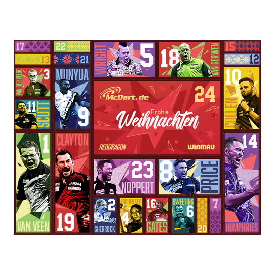 McDart Steel Darts Advent Calendar 2026 Der McDart Steel-Darts Adventskalender 2026 ist auf diesem Bild zu sehen. Die Verpackung zeigt attraktive Darts-Motive und weihnachtliches Design.