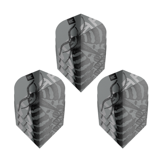 Target Pro Ultra Volar No6 Flights - 3 Sets Das Bild zeigt drei Sets von Target Pro Ultra Volar No6 Flights. Die Flights sind grau mit einem schwarzen Insektenmuster gestaltet.