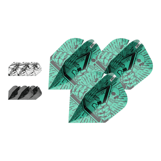 Das Bild zeigt drei verschiedene Sets von Dartflights aus dem "Target Ink Bundle 3 Sets Rob Cross No6 Flights". Die Flights haben auffällige Designs in Grün, Schwarz und Weiß mit grafischen Motiven.