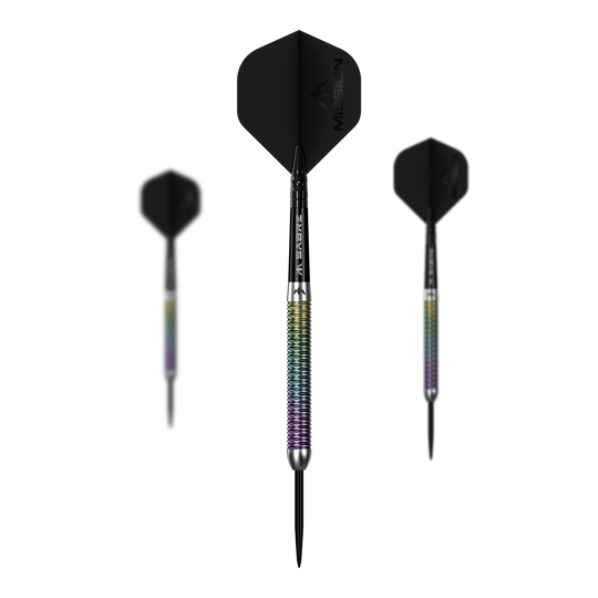 Zu sehen ist ein Set der Mission Kaleidos Steeldarts. Mehrere Darts liegen nebeneinander aufgereiht.