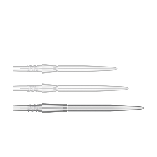 Target Swiss Storm Point dart tips - silver Das Bild zeigt drei silberne Dartspitzen in einer Reihe. Sie sind schlank, spitz zulaufend und identisch gestaltet.