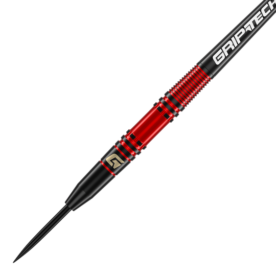 GOAT Athlete Red Brass Steeldarts - 11g Das Bild zeigt einen GOAT Athlete Red Brass Steeldart mit einem Gewicht von 11 Gramm. Der Dart hat ein auffälliges rotes und schwarzes Design mit dem Schriftzug "GRIPTECH" auf dem Schaft.