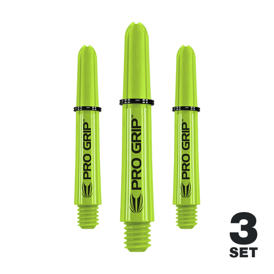 Target Pro Grip Shafts - 3 Sets - Lime Green Das Bild zeigt drei limegrüne Pro Grip Shafts für Dartpfeile. Unten rechts steht "3 Set", was anzeigt, dass es sich um ein Set mit drei Stück handelt.