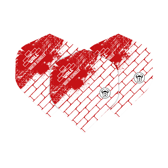 Bulls Metrixx Martin Schindler White Red No2 Standard Flights Das Bild zeigt drei Dart-Flights in weiß und rot mit Backsteinmuster. Auf den Flights steht "The Wall Martin Schindler" und unten ist ein rundes "B"-Logo.