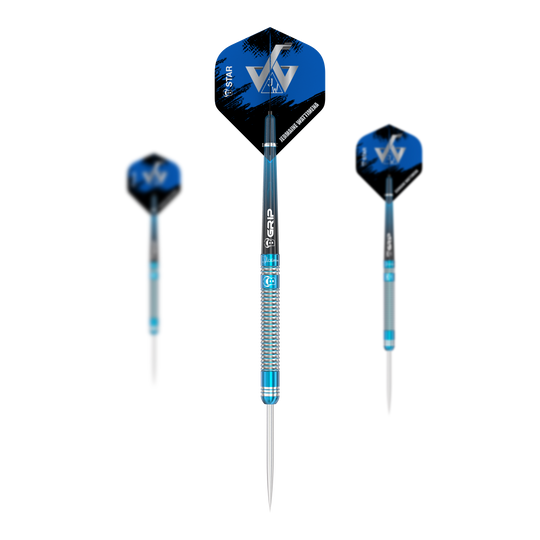 Das Bild zeigt drei Steeldarts des Modells "Bulls Jermaine Wattimena Generation 3". Die Darts haben blaue Flights mit weißen Initialen und silber-blau gestreifte Schäfte.