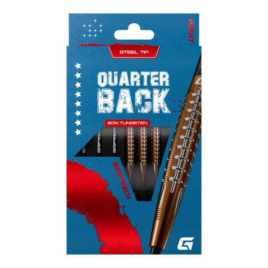 GOAT Quarterback V1 Tungsten Steel Darts Das Bild zeigt die GOAT Quarterback V1 Tungsten Steeldarts in einer blauen Verpackung. Die Darts bestehen zu 90% aus Tungsten und haben eine Stahlspitze.