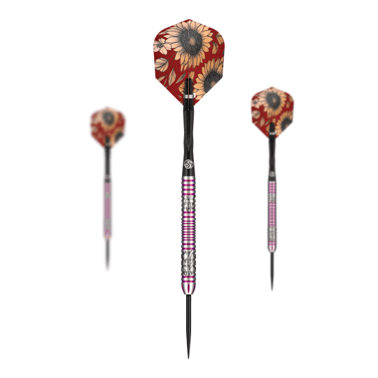 Shot Pro Series Barbora Hospodarska 2 Steeldarts - 23g Das Bild zeigt drei Steeldarts der Marke Shot Pro Series Barora Hospodarska mit einem Gewicht von 23g. Die Flights haben ein auffälliges Sonnenblumenmuster auf rotem Hintergrund.
