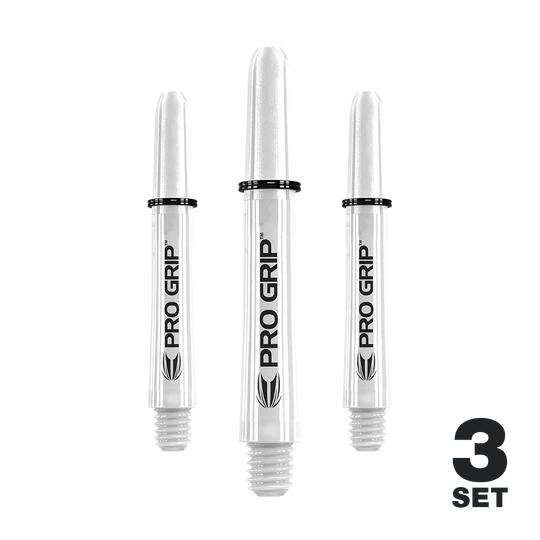 Das Bild zeigt drei weiße Pro Grip Shafts für Dartpfeile. Unten rechts steht "3 Set" geschrieben.