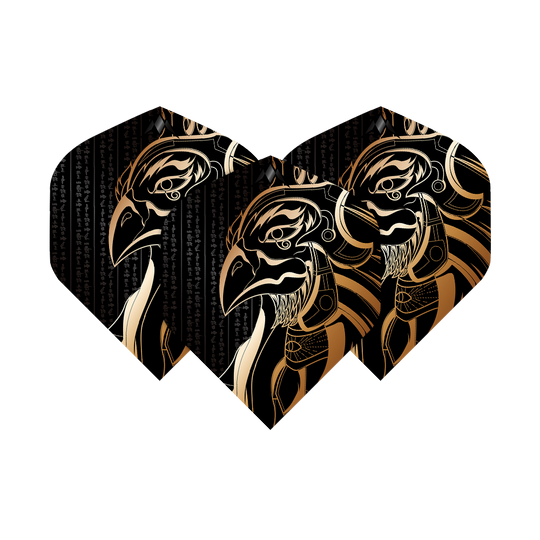 Das Bild zeigt drei Dartflights mit einem gold-schwarzen Horus-Motiv. Die Flights tragen den Namen "Mission Solo Horus No2 Standard Flights".
