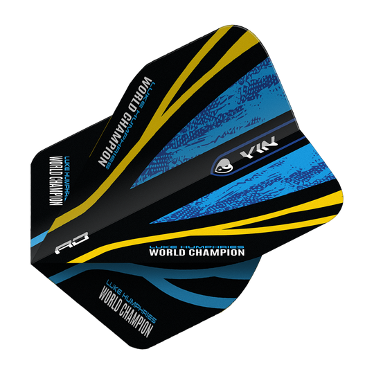 Das Bild zeigt das Produkt "Red Dragon Luke Humphries World Champion Blue Gold Yin Yang Standard Flights". Das Design ist schwarz mit blauen und goldenen Akzenten sowie der Aufschrift "WORLD CHAMPION".