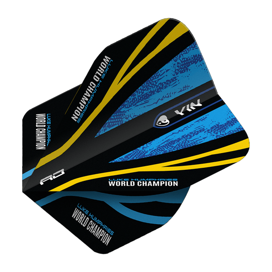 Red Dragon Luke Humphries World Champion Blue Gold Yin Yang Standard Flights Das Bild zeigt das Produkt "Red Dragon Luke Humphries World Champion Blue Gold Yin Yang Standard Flights". Das Design ist schwarz mit blauen und goldenen Akzenten sowie der Aufschrift "WORLD CHAMPION".