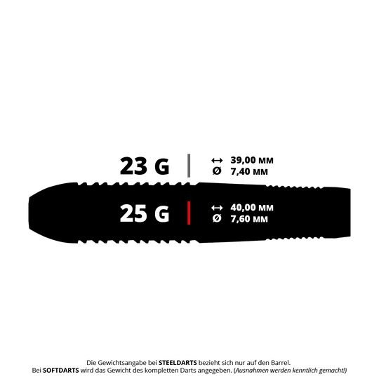 Unicorn Prodigy 02 Torpedo steel darts Das Bild zeigt die technischen Daten von Steeldarts mit 23 g und 25 g Gewicht. Es werden jeweils die Länge und der Durchmesser der Darts angegeben.