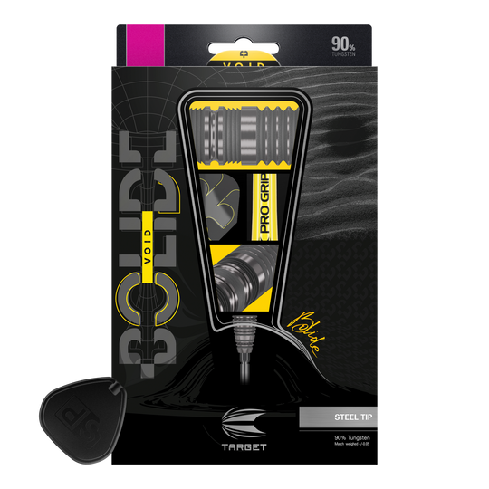 Target Bolide Void 04 Swiss Point steel darts Das Bild zeigt die Verpackung der "Target Bolide Void 04 Swiss Point Steeldarts". Die Darts bestehen zu 90 % aus Tungsten und haben eine Stahlspitze.