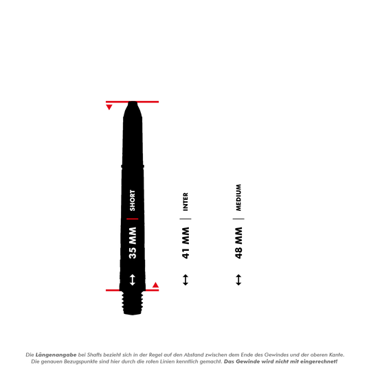 7020_Winmau_Prism_Force_Shafts_5_35mmoBxspr1z3ZHxZ Das Bild zeigt verschiedene Längenangaben für Dart-Shafts, darunter 35 mm (Short), 41 mm (Inter) und 48 mm (Medium). Die Messung erfolgt vom Ende des Gewindes bis zur oberen Kante, das Gewinde wird dabei nicht mitgerechnet.