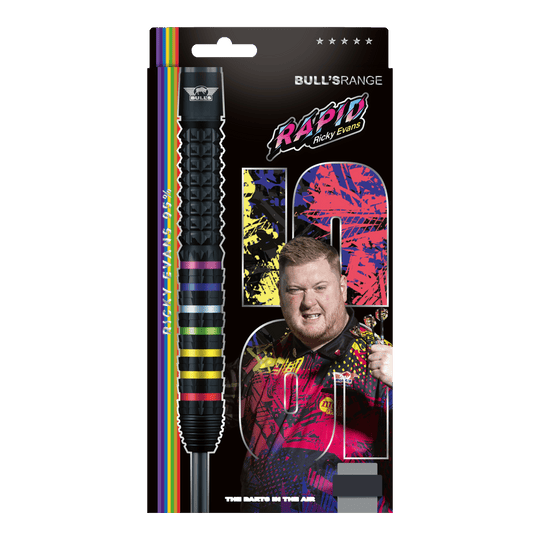 Bulls NL Ricky Evans Rapid 95 steel darts Das Foto zeigt die Bulls NL Ricky Evans Rapid 95 Steeldarts in der 23g-Ausführung. Die Darts werden aus einer anderen Perspektive dargestellt.