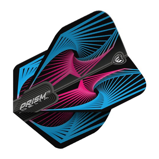 Das Bild zeigt das Produkt "Winmau Prism Delta Spiral BluePink Standard Flight". Es hat ein schwarzes Design mit blauen und pinken spiralförmigen Linienmustern.