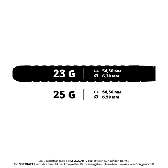 GOAT Fairway V1 Tungsten Steel Darts Das Bild zeigt zwei Gewichtsoptionen für Steeldarts: 23 g und 25 g. Die Maße betragen jeweils 54,50 mm Länge und 6,30 mm bzw. 6,50 mm Durchmesser.