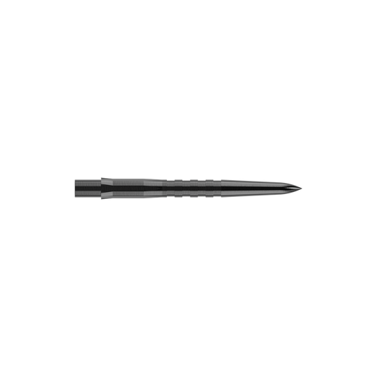 Mission Caliburn EVO Dart Tips - Grooved - Black Das Bild zeigt eine schwarze, gerillte Steeldartspitze. Sie ist schmal, lang und hat eine spitze Vorderseite.