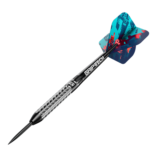 GOAT Traction Tungsten Steel Darts Das Bild zeigt einen GOAT Traction Tungsten Steeldart mit einer strukturierten Griffoberfläche und einer farbenfrohen Flight. Der Schaft trägt die Aufschrift "GRIPTECH" und die Spitze ist aus Stahl.