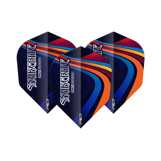 Red Dragon Peter Wright Snakebite Multi Swirl No6 Flights Das Bild zeigt drei bunte Dart-Flights mit dem Schriftzug "Snakebite". Die Flights haben ein auffälliges Muster in Blau, Orange, Rot und Gelb.