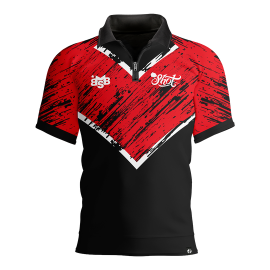 Shot Michael Smith Red Stripe Polo Dart Shirt Zu sehen ist das Shot Michael Smith Red Strip Polo Dartshirt. Das Hemd hat ein modernes Design mit roten Streifen.