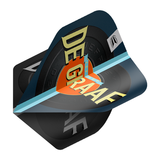 Das Bild zeigt die Target Pro Ultra Jeffrey De Graaf GEN1 No2 Standard Flights. Die Flights sind farbenfroh gestaltet und mit dem Namen "DE GRAAF" bedruckt.