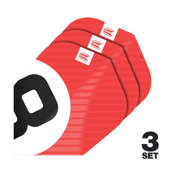 Target Pro Ultra Chicane Red No6 Flights - 3 Sets Das Bild zeigt drei Sätze der Target Pro Ultra Chicane Red No6 Flights. Die Flights sind überwiegend rot mit einem schwarzen und weißen Design sowie einem kleinen Logo in der Ecke.