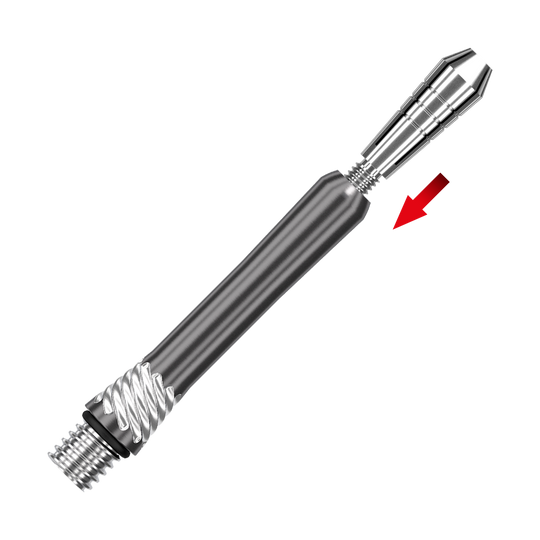 200480_Target_Power_Titanium_Shaft_Ersatztops_Silber_2 Das Bild zeigt den Target Power Titanium Shafts Ersatztop in Silber. Ein roter Pfeil markiert den austauschbaren oberen Teil des Shafts.