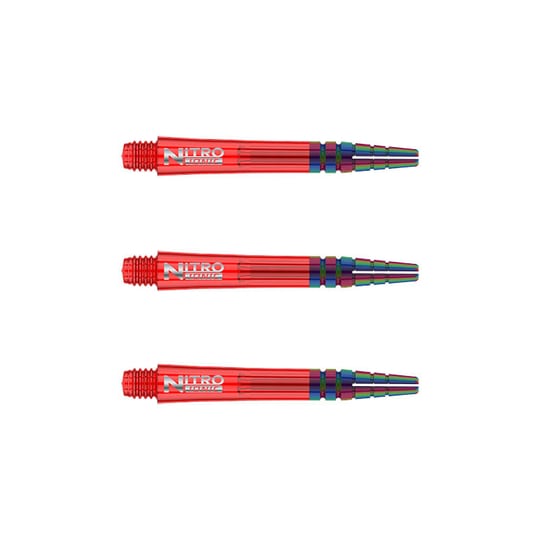 C602_Nitro_Ionic_Short_Red_Shafts Das Bild zeigt drei rote RedDragon Nitrotech Ionic Shafts, die parallel zueinander liegen. Die Dartschäfte haben ein glänzendes Design mit silbernem Schriftzug und farbigen Akzenten am Ende.