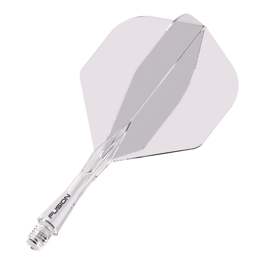 Das Bild zeigt ein durchsichtiges Dartflight- und Shafts-System. Auf dem Schaft steht das Wort "FUSION".