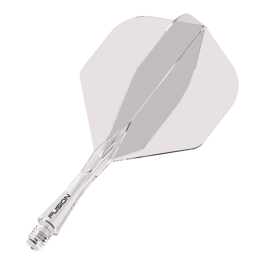 Winmau Fusion Flight Shaft System Standard Clear Das Bild zeigt ein durchsichtiges Dartflight- und Shafts-System. Auf dem Schaft steht das Wort "FUSION".
