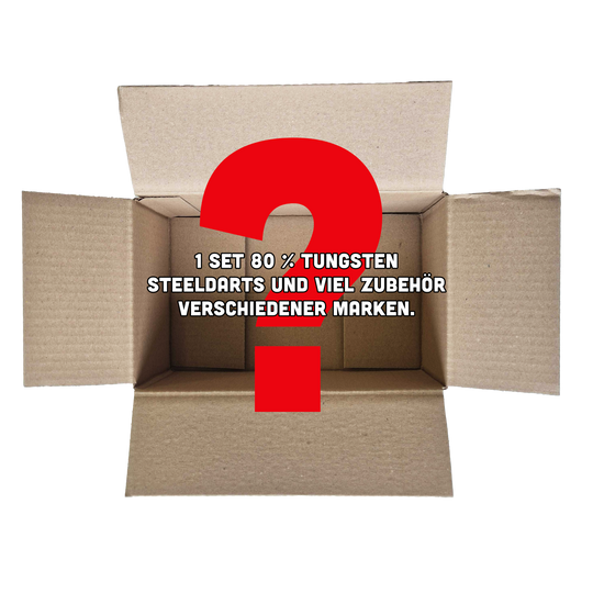McDart Mystery Box - Steeldarts Das Bild zeigt einen offenen, leeren Karton mit einem großen roten Fragezeichen darauf. Auf dem Karton steht der Text: "1 Set 80 % Tungsten Steeldarts und viel Zubehör verschiedener Marken."