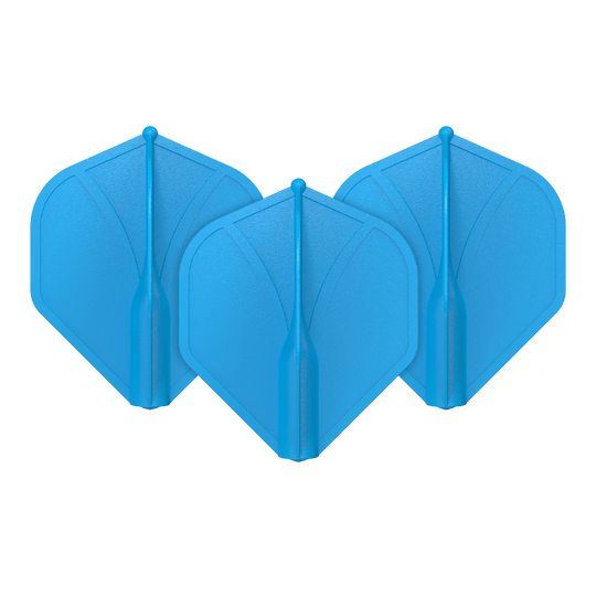 Shot Airfoil Molded No2 Standard Flights Auf dem Bild sind drei blaue Dart-Flights zu sehen. Sie haben eine geformte, stabile Struktur und sind nebeneinander angeordnet.