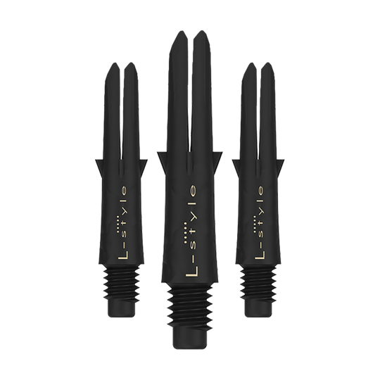 L style carbon shafts Das Bild zeigt drei schwarze Dartschäfte aus Carbon der Marke L-Style. Sie sind ohne Kappen und haben eine Länge von 26 mm.